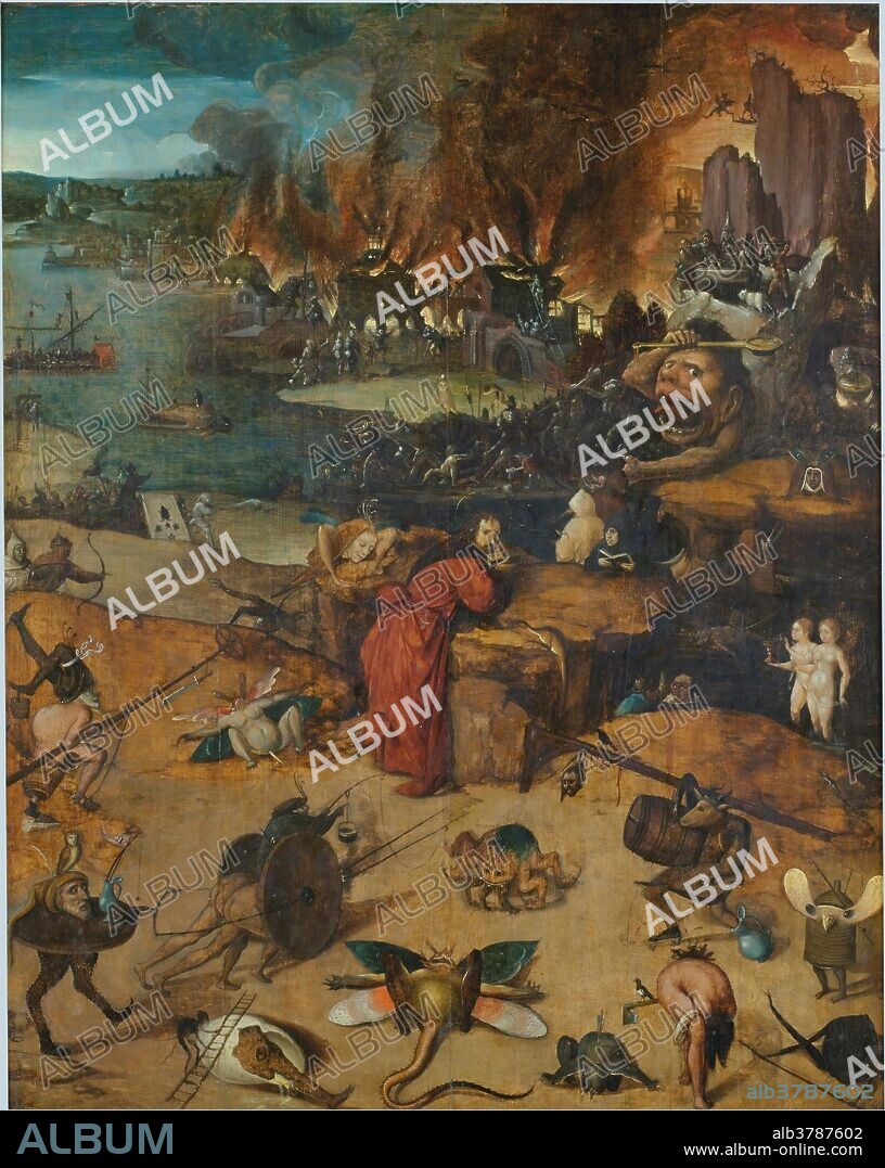 HIERONYMUS BOSCH. El Bosco (Seguidor de) / 'Las tentaciones de San Antonio Abad'. 1550 - 1560. Óleo sobre tabla de madera de roble, 88,3 x 70 cm.