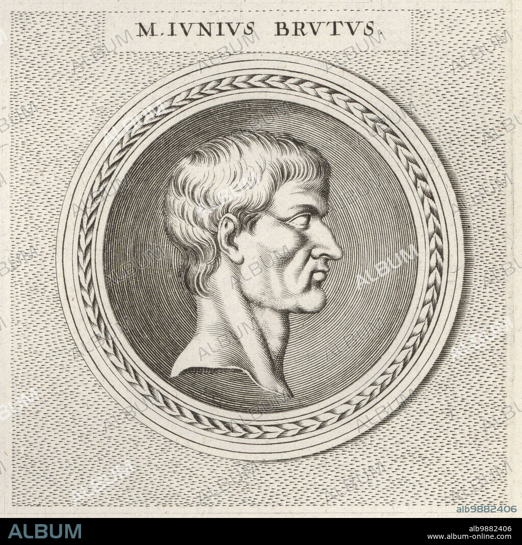 Marcus Junius Brutus, Roman politician, orator, and assassin of Julius Caesar, c.85-42 BC. M. Iunius Brutus. Copperplate engraving after an illustration by Joachim von Sandrart from his LAcademia Todesca, della Architectura, Scultura & Pittura, oder Teutsche Academie, der Edlen Bau- Bild- und Mahlerey-Kunste, German Academy of Architecture, Sculpture and Painting, Jacob von Sandrart, Nuremberg, 1675.