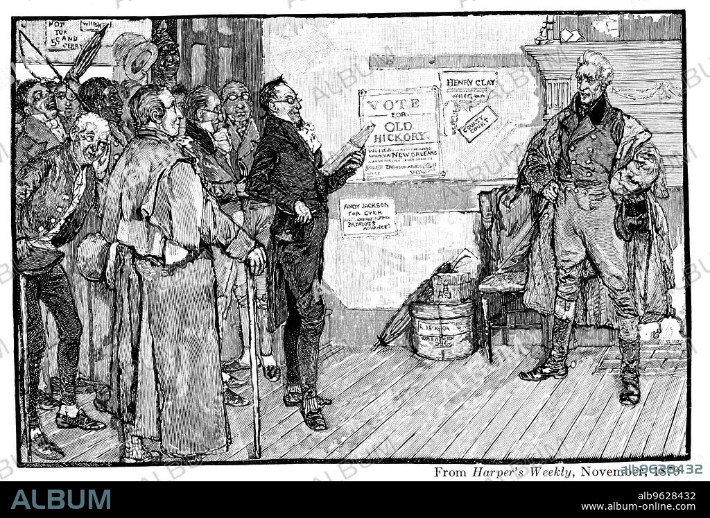 Andrew Jackson (1767-1845), 7th president of the USA (nickname 'Old Hickory'), as President-elect, 1828, receiving a complimentary address from admirers during his journey to Washington. From 'Harper's Weekly', 1879.