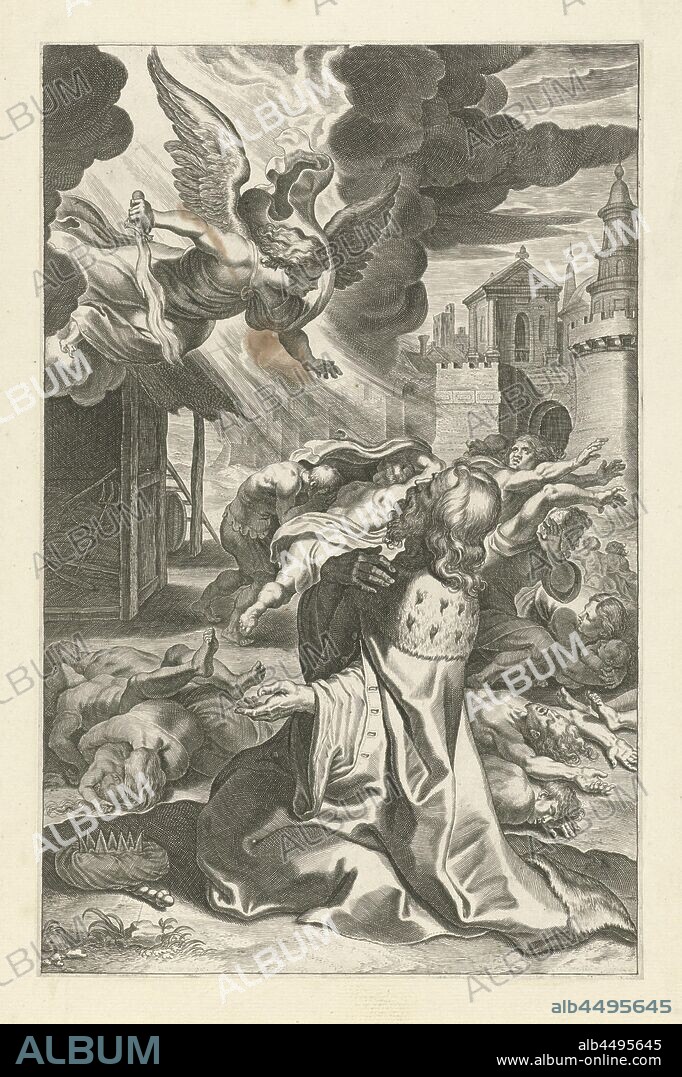 King David sees the angel of death Scenes from the Old and New Testament (series title) Breviarium romanum (series title), An angel with a flaming sword attacks people from heaven. Kneeling King David sees the angel sowing death and destruction among the people of Israel. He begs God for mercy. The print is part of a series with scenes from the Old and New Testament., David sees the avenging angel in Jerusalem, he prays to God, Theodoor Galle (possibly), Antwerp, c. 1612 - c. 1616, paper, engraving, w 194 mm × h 299 mm.