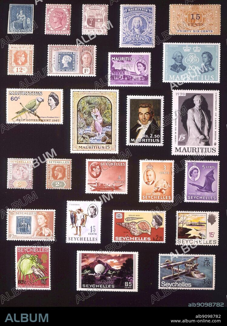 AFRICA - MAURITIUS AND SEYCHELLES: (left to right) 1. Mauritius, undenominated, 1858, 2. Mauritius, 4 cents, 1885, 3. Mauritius, 3 cents, 1895, 4. Mauritius, 15 cents, 1899, 5. Mauritius, 15 cents, 1899, 6. Mauritius, 12 cents, 1938, 7. Mauritius, 1 rupee, 1948, 8. Mauritius, 35 cents, 1954, 9. Mauritius, 20 cents, 1961, 10. Mauritius, 60 cents, 1967, 11. Mauritius, 15 cents, 1968, 12. Mauritius, 2.50 rupees, 1969, 13. Mauritius, 15 cents, 1970, 14. Seychelles, 3 cents, 1893, 15. Seychelles, 2 cents, 1917, 16. Seychelles, 5 rupees, 1938, 17. Seychelles, 3 cents, 1952, 18. Seychelles, 5 cents, 1957, 19. Seychelles, 2.25 rupees, 1961, 20. Seychelles, 15 cents, 1962, 21. Seychelles, 2.25 rupees, 1967, 22. Seychelles, 15 cents, 1969, 23. Seychelles, 85 cents, 1968, 24. Seychelles, 85 cents, 1969, 25. Seychelles, 3.5 rupees, 1971.