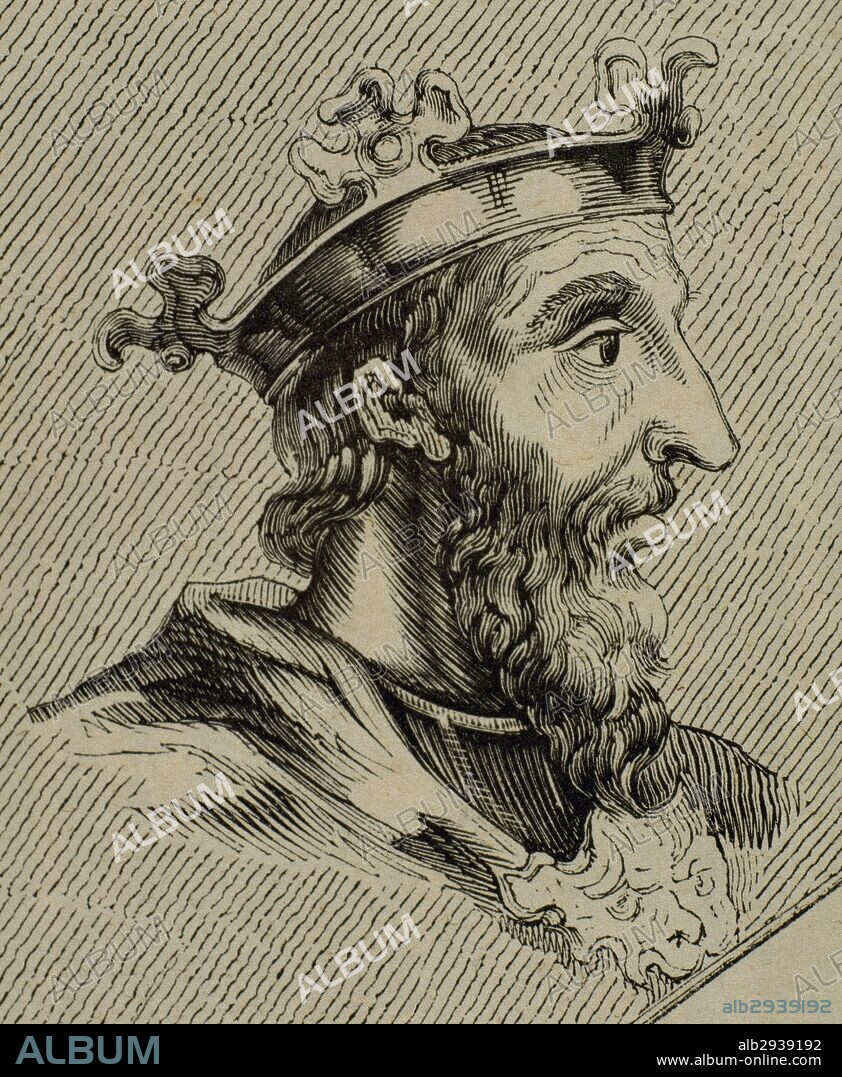 ALFONSO II "el Casto" (Oviedo,760-Oviedo,842). Rey de Asturias (791-842). Hijo de Fruela I y Munia. Fue destronado por su tío Mauregato (783-788) y tuvo que refugiarse en Alava. Posteriormente, Bermudo I "el Diácono" abdicó en él. Grabado.