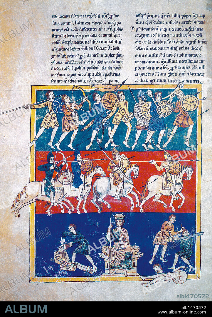 ARTE ROMANICO. S. XII. BEATO DE MANCHESTER. Códice miniado sobre los comentarios que el BEATO DE LIEBANA (? -798) realizó en el s. VIII al Apocalipsis de San Juan. Escrito en letra tardo carolina pregótica. "EL SITIO DE JERUSALEN". John Rylands Library. Manchester. Inglaterra. Reino Unido.