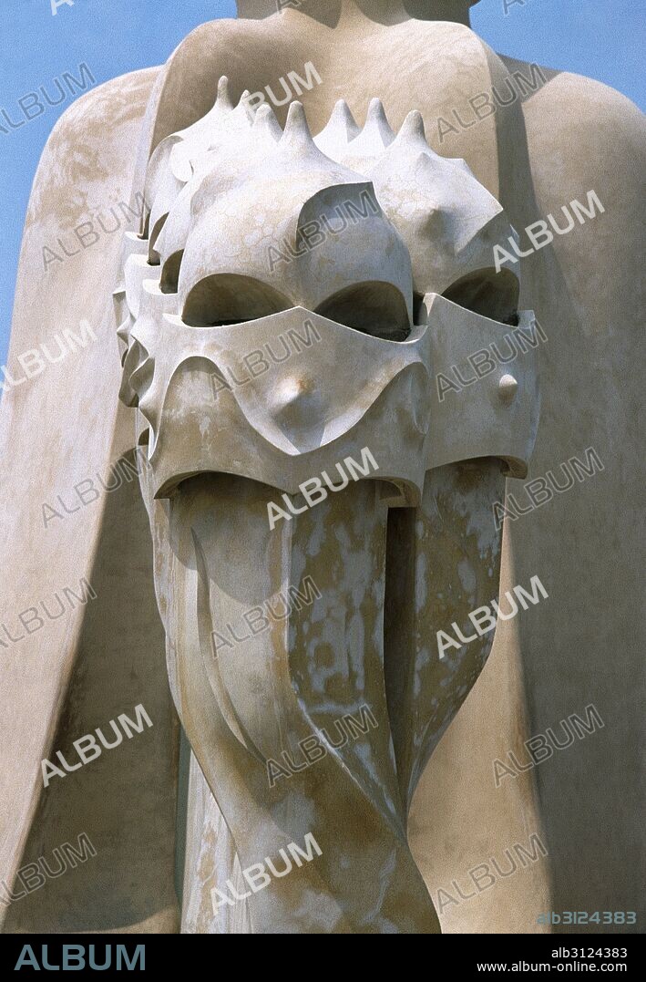 Spain, Barcelona. Casa Mila or La Pedrera. Modernist building by Antonio Gaudi, 1906-1912. Chimneys shaped like warriors. Roof terrace.