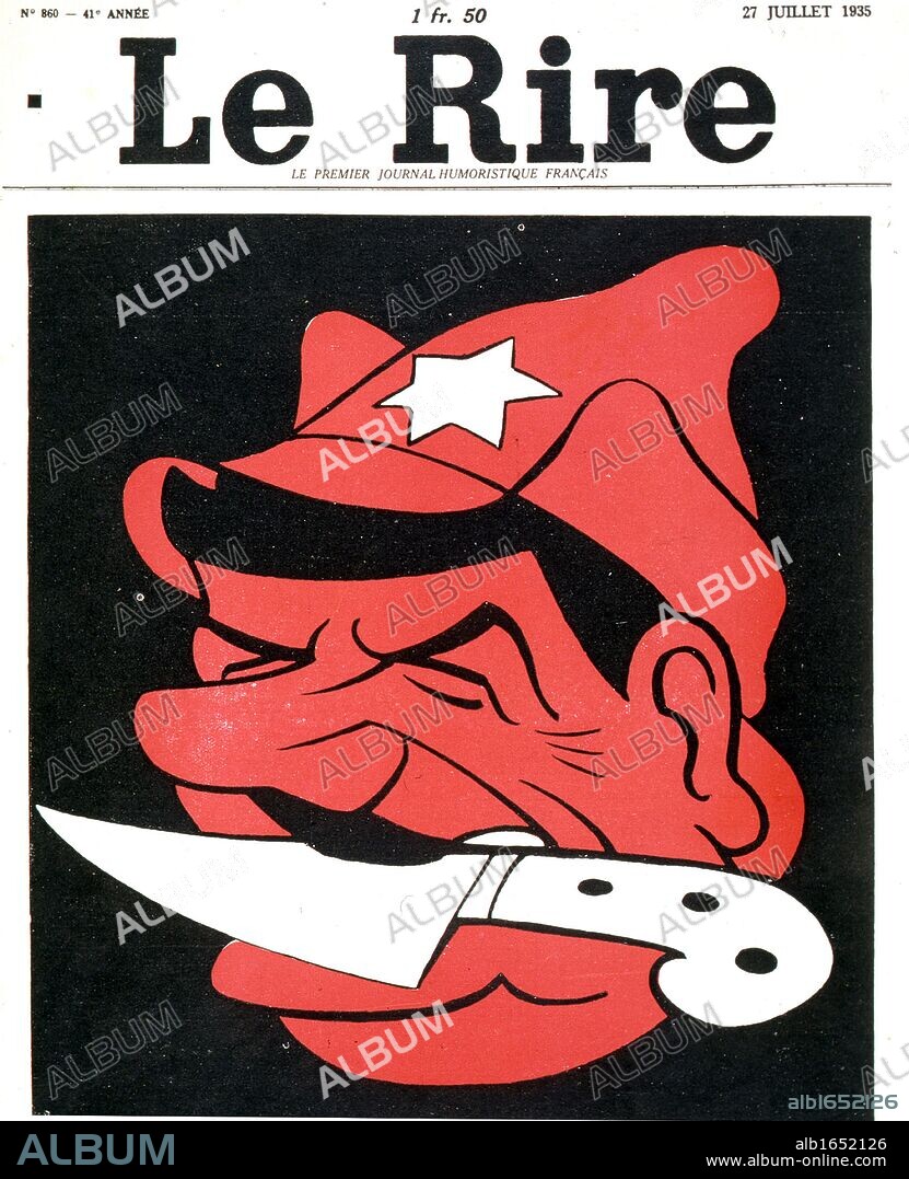 The man with a knife between his teeth'. Anti - Stalin cartoon from "Le Rire", Paris, 27 July 1935.
