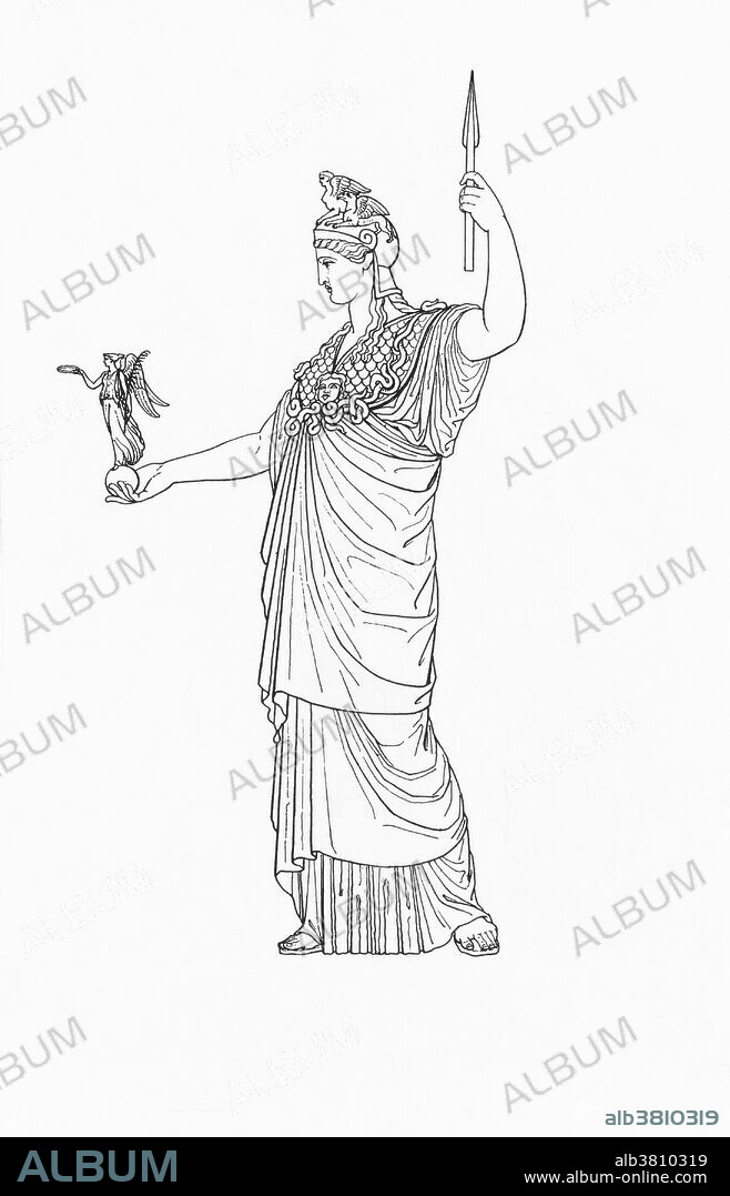 In Greek religion and mythology, Athena is the goddess of wisdom, courage, inspiration, civilization, law and justice, just warfare, mathematics, strength, strategy, the arts, crafts, and skill. Minerva is the Roman goddess identified with Athena. Athena is portrayed as a shrewd companion of heroes and is the patron goddess of heroic endeavor. She is the virgin patroness of Athens. The Athenians founded the Parthenon on the Acropolis of her namesake city, Athens, in her honor. She holds in her palm a figure of Nike, winged victory; she bears a sphinx and a griffin on her helmet, and the head of Medusa on her breast. Athena is known as Minerva in Roman mythology.