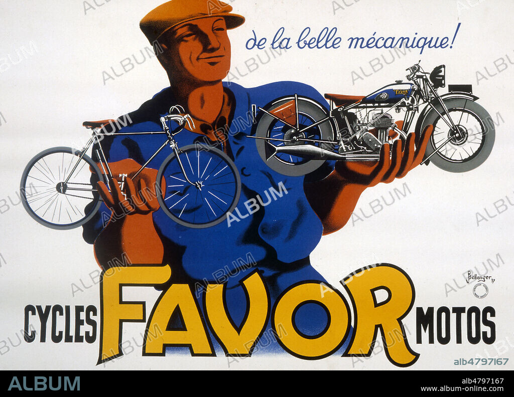 'De la belle mecanique! Cycles FAVOR Motos', publicite de 1937. Illustration P. BELLENGER (1909 - 1993 = ADAGP ) . Credit : Collection KHARBINE-TAPABOR.