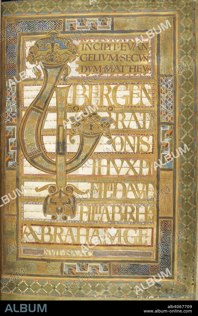 Illuminated incipit page to  St Matthew's Gospel ; 'Liber generationem'; text with decorated initial 'L'. Harley Golden Gospels. Four Gospels (the 'Golden Gospels', 'Harley Golden Gospels'; 'Codex Aureus'), with canon tables. Carolingian Empire [Aachen?]; circa 800. Source: Harley 2788, f.14. Language: Latin.