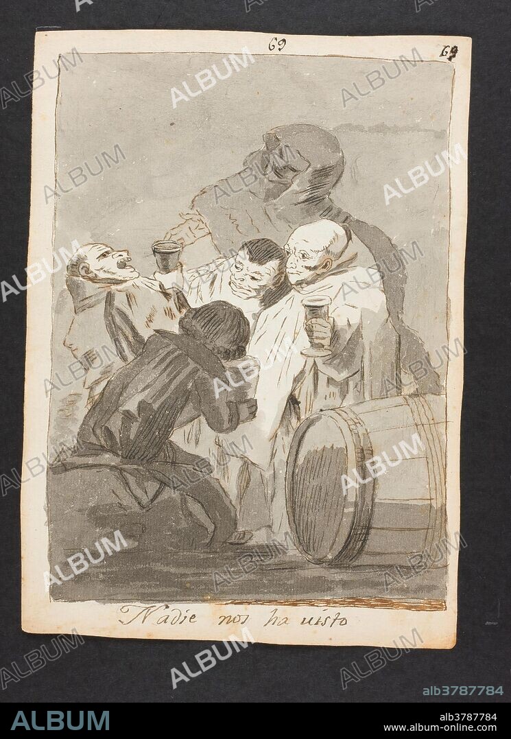 ANÓNIMO. Anónimo (Copia de Goya y Lucientes, Francisco de) / 'Nadie nos ha visto. Capricho 79'. Mediados del siglo XIX. Aguada, Lápiz, Pluma, Tinta china, Tinta agrisada, Tinta ferrogálica sobre papel verjurado, 215 x 150 mm.