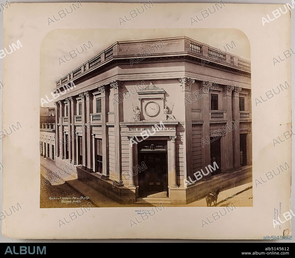 Thomas Brooks, Chute & Brooks, Charles Wallace Chute, Banco de Londres y Rio de la Plata. Buenos Ayres. Calle Florida 74, albumin paper, black and white positive process, image size: height: 34.80 cm; width: 41.20 cm, ; Geographische Gesellschaft in Hamburg Bibliothek, numbered: verso on the cardboard: K 185, travel photography, architectural photography, bank (financial institution), hist. building, location, street, architecture, Buenos Aires.