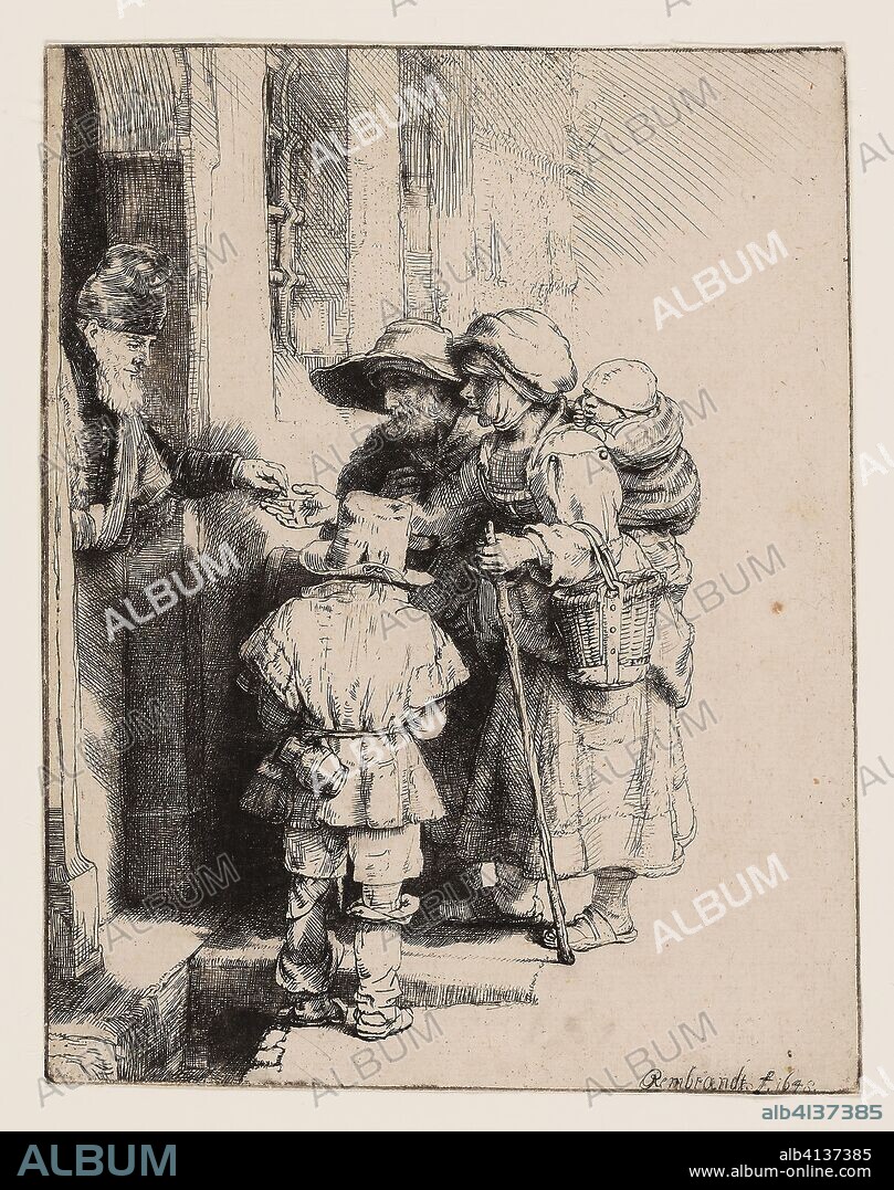 REMBRANDT HARMENSZOON VAN RIJN. Beggars Receiving Alms at the Door of a House. Rembrandt van Rijn; Dutch, 1606-1669. Date: 1647-1648. Dimensions: 165 x 128 mm (image/sheet). Etching and drypoint on ivory laid paper. Origin: Holland.