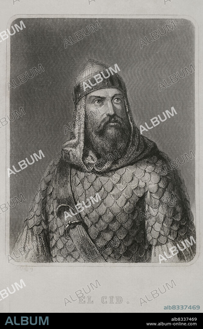 CHARLES GEOFFROY (1819-1882). FRENCH ENGRAVER.. Rodrigo Díaz de Vivar, known as El Cid Campeador (ca. 1043-1099). Castilian nobleman, knighted by the infante Sancho. He took part in the battles of Llantada and Golpejera against Alfonso VI, and the Siege of Zamora. Portrait. Engraving by Geoffroy. "Historia Universal", by César Cantú. Volume III, 1855.