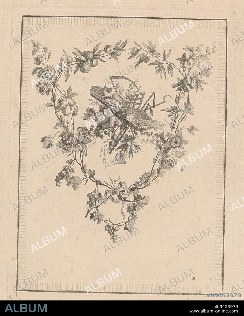 A trophy with agricultural objects including a scythe, a threshing flail, a sickle, a basket and fruit Surrounded by a frame of flowers, fruit and vines, Trophy with Agricultural Objects, print maker: anonymous, Pierre Ranson, (possibly), France, 1746 - 1786, paper, etching, h 236 mm × w 180 mm.