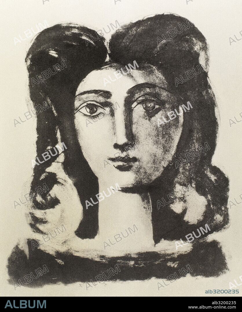 PABLO PICASSO. Pablo Ruiz Picasso (1881-1973). Spanish painter. Head of a young woman. It depicts his wife Franc_ois Gilot. Paris, March 8, 1947. Workshop of F. Mourlot. Lithography.
