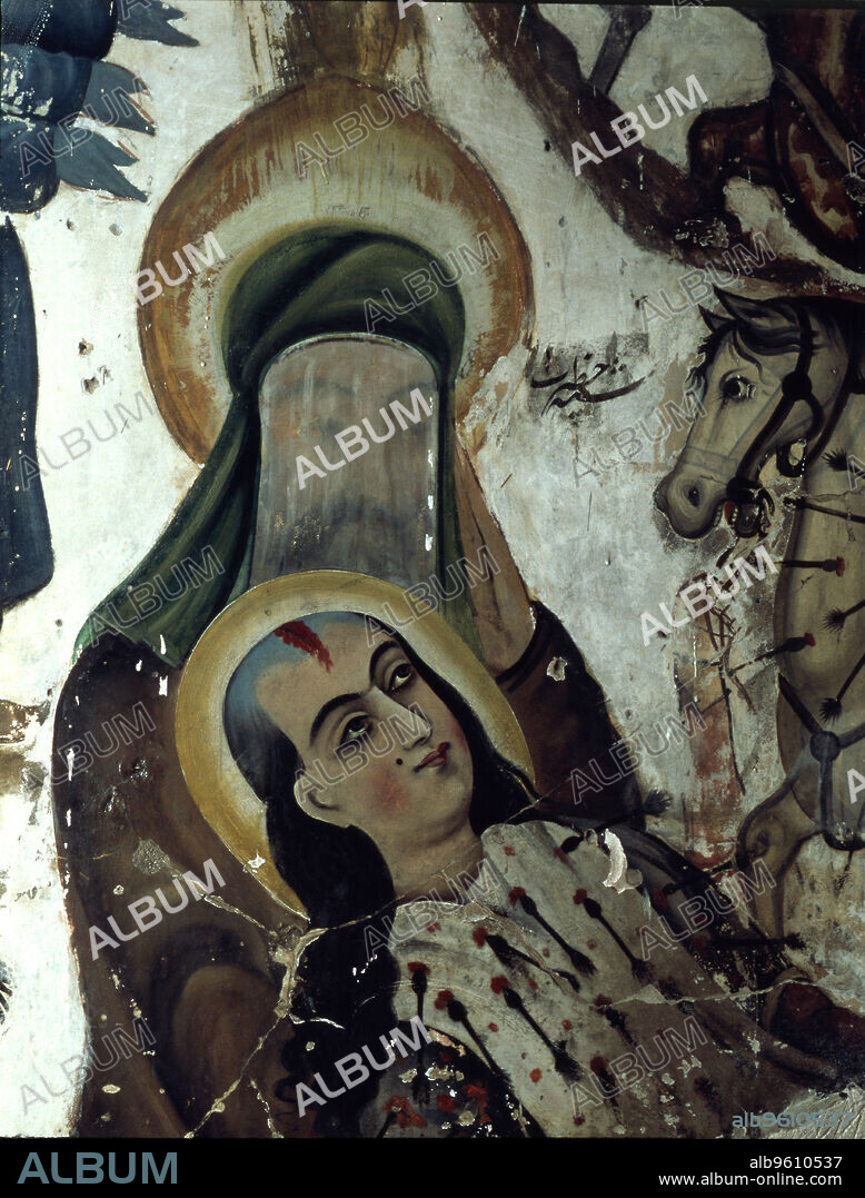 Ali Ibn Abi Talib, the 4th caliph of Islam (602-661), cousin and son in law of the Prophet Muhammad, holding the body of one of the Imams killed, Talha or Zubayr in the Battle of the Camel (656), wall Paintings, 17th century.