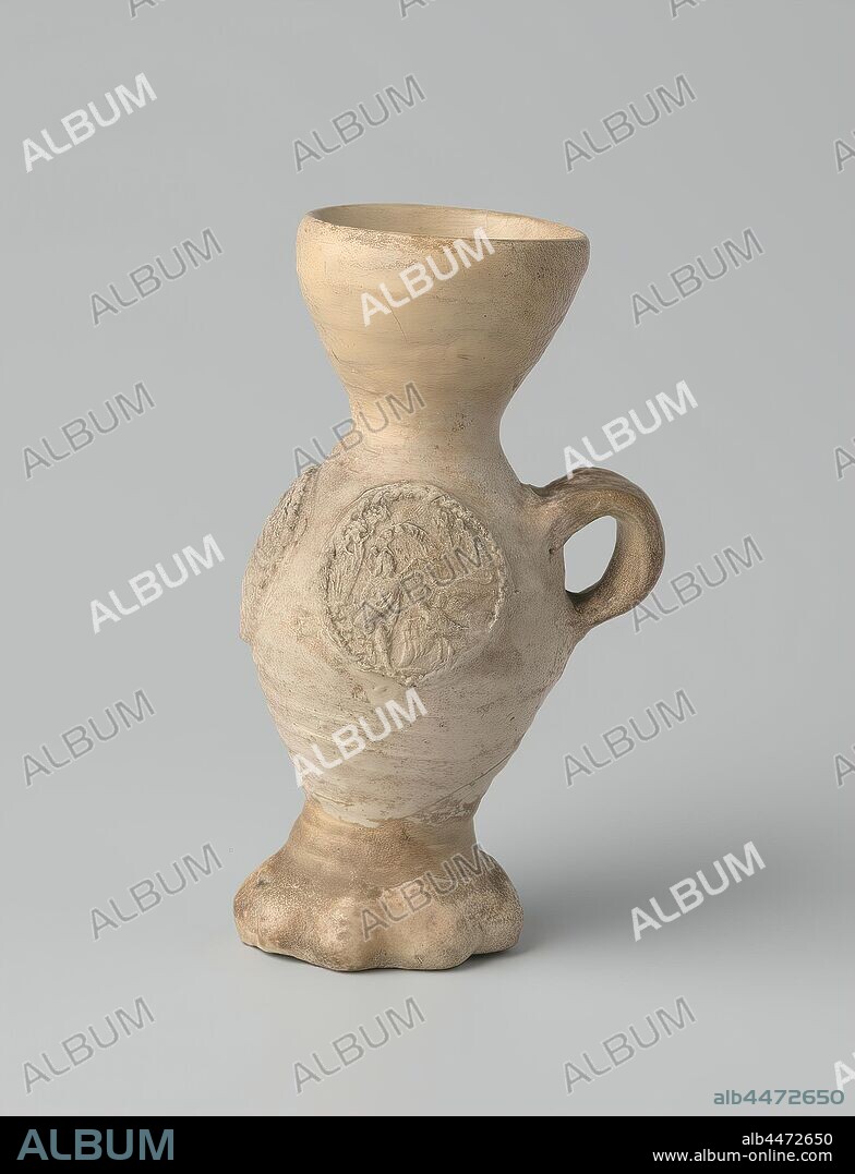 Beacker (trichternalbecher) with St John the Evangelist, Cup (funnel neck cup) of stoneware on wavy feet with an egg-shaped body and funnel-shaped neck. The C-shaped ear is attached to the shoulder. On the belly in relief three times a printed and imposed medallion with John the Evangelist with his eagle in a landscape. The inscription 'IOANVS' is above his head. Siegburg., anonymous, Siegburg, c. 1560 - c. 1590, stoneware, glaze, vitrification, h 13.6 cm d 5.6 cm d 6.2 cm d 5.6 cm w 7.7 cm.