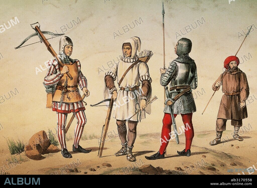 GUERREROS ESPAÑOLES. EDAD MEDIA. SIGLO XV. BALLESTERO de mesnada de ciudad y de las montañas de León y LANCEROS de mesnada de ciudad y de la provincia de Vascongadas. Litografia de Villegas.