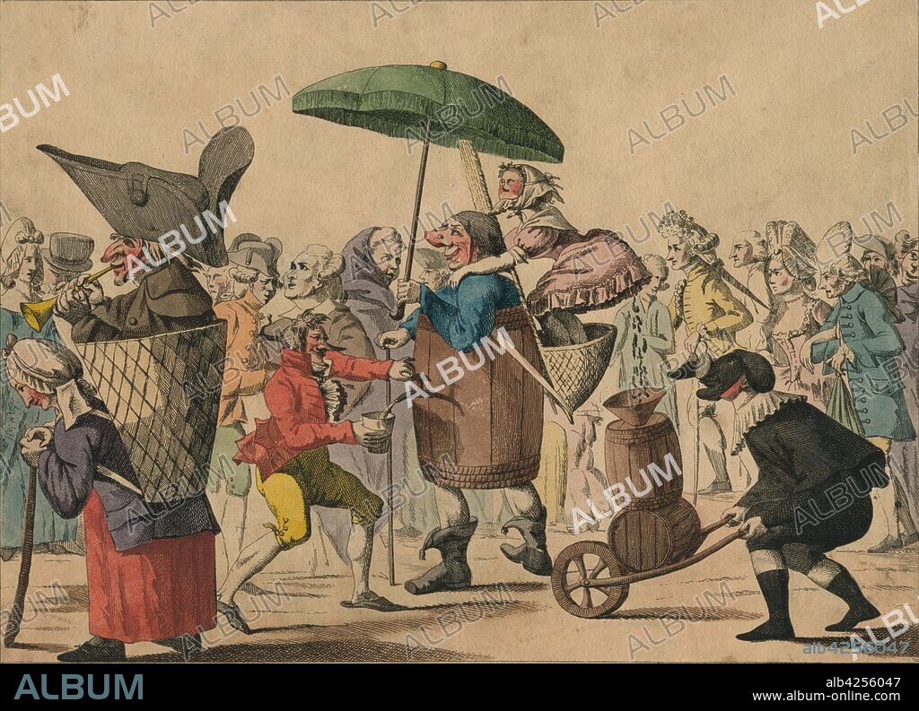 'Folies De Carnaval', late 18th-early 19th century. Riotous carnival scene with Parisian caricatures: 'Ah! c'Cadet là. Quel pif qu'il à. Ah! c'Cadet là quel pif.' ('What a conk!). A large-nosed man wears a barrel with a tap dispensing liquid. He carries a masked figure who is defecating into a type of wheelbarrow pushed by a man in the costume of Il Dottore from the Commedia dell'Arte. [Martinet, Paris].