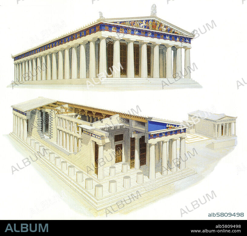 PETER CONNOLLY. Athènes (Grèce), Parthénon sur l'Acropole (temple d'Athéna, construit par Ictinos et Callicratès en 447-422 av. JC). - Vue extérieure et en coupe. (reconstrucion). Dessin, aquarelle de Peter Conolly. (né en 1935).