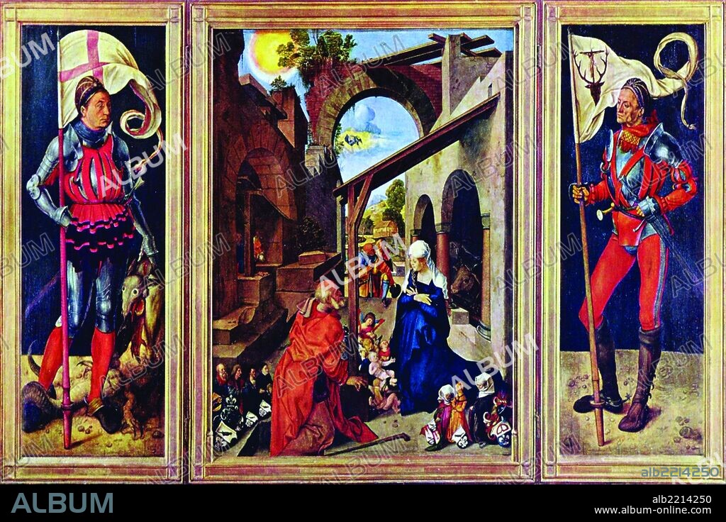 Medieval triptych showing the birth of Jesus with the other two panels of heraldic knights.