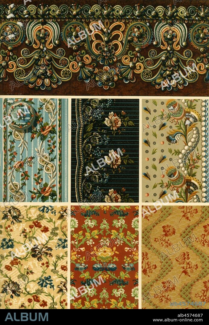 Lace weaving and embroidery, France, 17th and 18th century, (1898). 'Fig 1: Lace in the style of Louis XIV [c1643-1715], in the possession of C. Baur, manufacturer of furniture at Biberach [Germany]. Fig 2: Embroidery on a silk waistcoat, Louis XIV. Fig 3: Embroidery on a silk coat, Louis XV [c1715-1774], from the Sammlung vaterländischer Alterthümer at Stuttgart. Fig 4: Silk embroidery from a velvet waistcoat, Louis XVI [c1774-1792], ibid. Fig 5: Silk texture from a chasuble, Louis XIV. Fig 6: Woven silk stuff for clothes, Louis XV. Fig 7: Woven stuff of silk and wool, Louis XVI'. Plate 85 from "The Historic Styles of Ornament" translated from the German of H. Dolmetsch. [B.T. Batford, London, 1898].