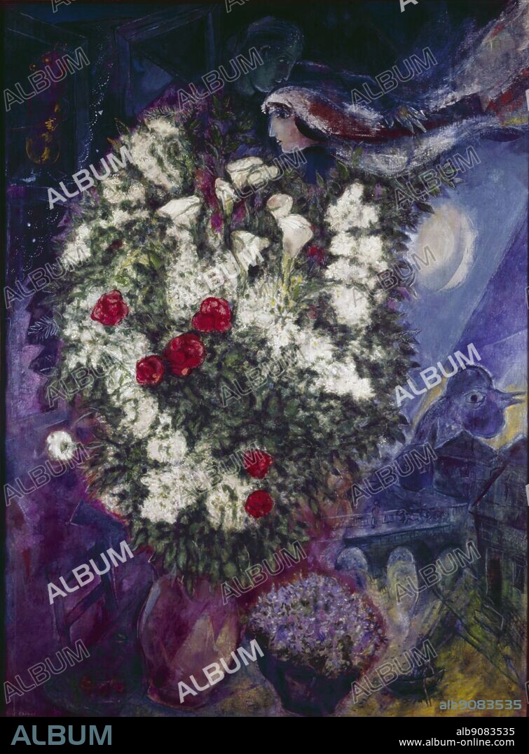 Bouquet of Flowers and Flying Lovers. by Chagall. Marc Chagall (Belarusian and Russian: (July 7, 1887 - March 28, 1985) was a Russian-French painter who was born in Belarus. Among the celebrated painters of the 20th century, he is often associated with the Surrealist movement. ©2006 TopFoto.