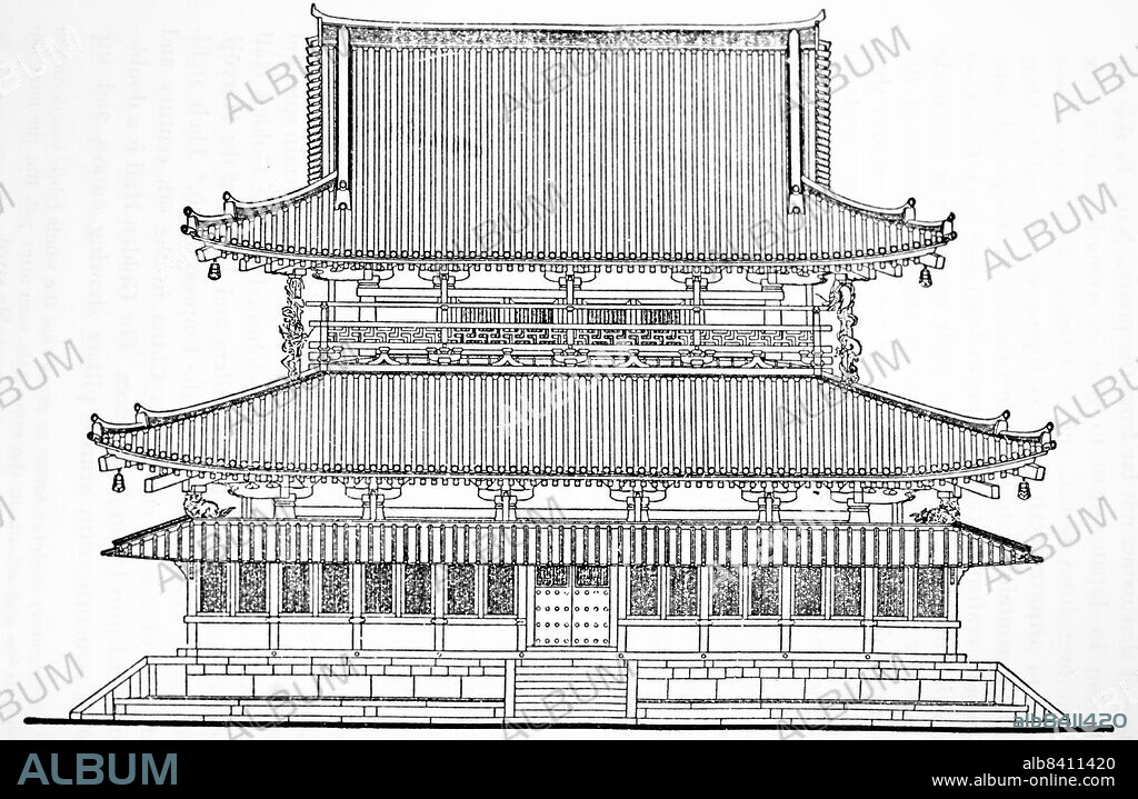 Front elevation of the Golden Hall (Kondo) of the Horyu-ji Monastery. Horyu-ji (Temple of the Flourishing Dharma) is a Buddhist temple that was once one of the powerful Seven Great Temples, in Ikaruga, Nara Prefecture, Japan.