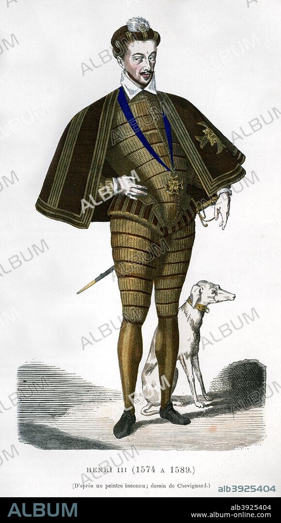 Henry III, King of France, 16th century (1882-1884). Henry (1551-1589) came to the throne in 1574. His reign was dominated by the continuing strife between Catholics and Protestants known as the French Wars of Religion. On 2nd August 1589 Henry was assassinated by friar Jacques Clement for his opposition to the Catholic Holy League founded by Henri, Duke of Guise, who had been murdered the previous year, possibly by Henry's order. Clement stabbed the king having been allowed access to him on the pretext of having an important message to deliver. A print from La France et les Français à Travers les Siècle, Volume III, F Roy editor, A Challamel, Saint-Antoine, 1882-1884.