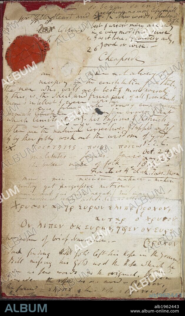 Handwritten document with Seal. Greek and English. The writings of Samuel Taylor Coleridge. Notebooks of Samual Taylor Coleridge. COLERIDGE PAPERS. Notebooks of S. T. Coleridge; 1794-  1834. Autograph. Supplementary to Add. 27901, covering the years    1795-1800. Source: Add. 47518; f.1v.