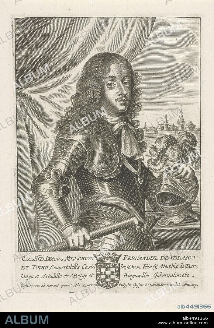 Portrait of Inacho Melchior Ferdinand de Velasco, constable of Velasco and Tovar, governor of Belgium and Burgundy. In the margin the family crest of the person portrayed, Inacho Melchior Ferdinand de, constable of Velasco, Adriaen Lommelin (mentioned on object), Antwerp, 1652 - 1677, paper, engraving, h 182 mm × w 125 mm.