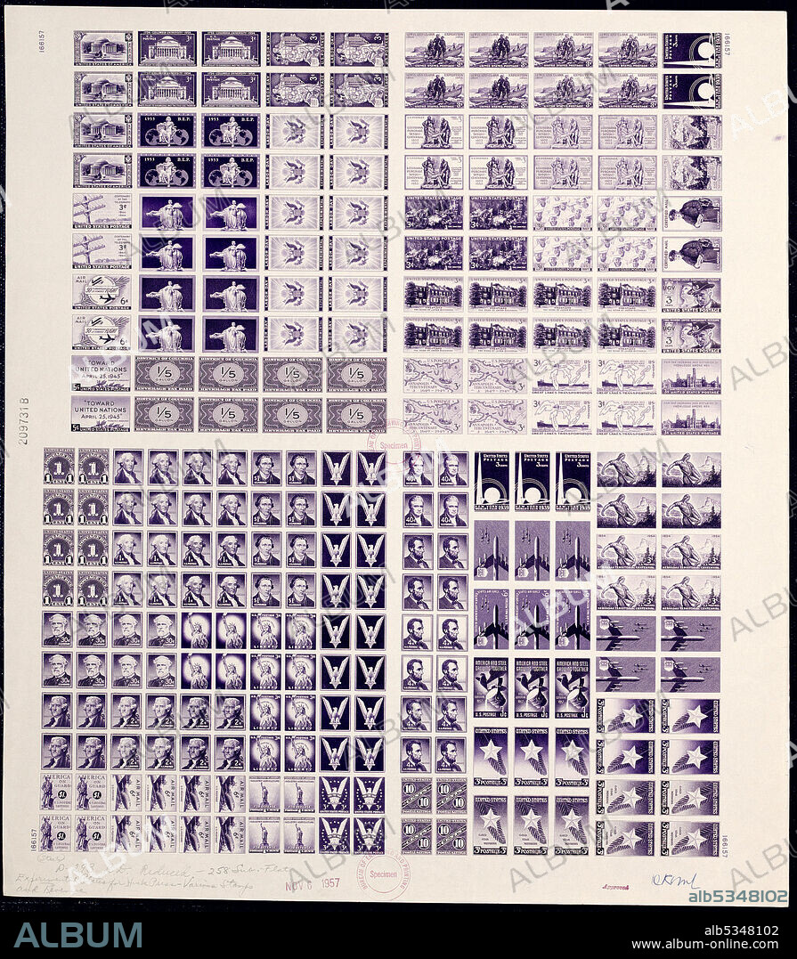 Huck Press experimental plate proof, 1957. During the 1950s and 1960s, the Bureau of Engraving and Printing adopted state-of-the-art printing technologies that transformed stamp production. The new Giori (1956) and Huck 9-Color (1966) presses printed eye-catching, multi-color stamps that celebrated diversity, popular culture, the arts, and the space program.;Testing the Huck-Cottrell press, Bureau employees produced experimental printing plates from master dies dating back to the 1930s. They printed this proof from one of the plates.