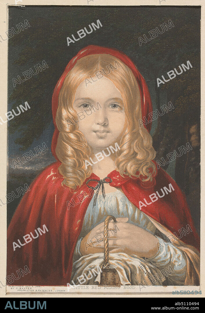 Little Red Riding Hood, Print made by imitator of George Baxter, 18041867, British, Printed by Le Blond & Co., after 1856, Aquatint and stipple engraving; color woodcut done by Le Blond & Co. on moderately thick, slightly textured, cream wove paper, laid on mount, Sheet: 7 1/16 x 5 1/8 inches (17.9 x 13 cm) and Image: 6 1/4 x 4 5/16 inches (15.8 x 11 cm), basket, blond, bow (costume accessory), cape, cloak, cloth, curls, dark, fable, fairy tale, folk tale, girl, hood, literary theme, Little Red Riding Hood (fairy tale), night, portrait, red, trees.