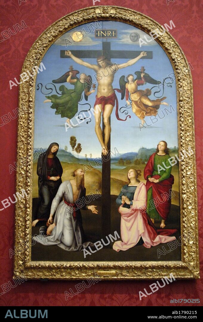 ARTE RENACIMIENTO. ITALIA. S. XVI. RAFAEL, Raffaello Santi o Sanzio, llamado (Urbino, 1483-Roma,1520). Pintor italiano. "El Cristo crucificado con la Virgen María, Santos y Angeles" conocida como LA CRUCIFIXION MOND o CRUCIFIXION GAVARI. Oleo sobre madera de álamo realizada en 1502-1503. Galería Nacional. Londres. Inglaterra. Reino Unido.