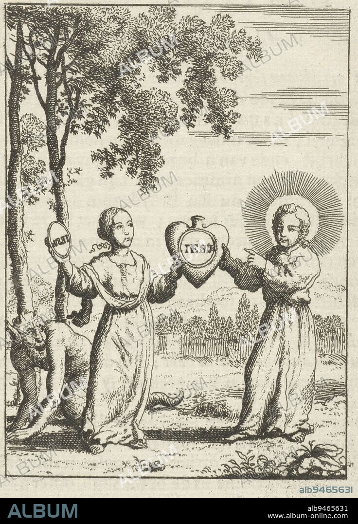 Christ and the personified soul together hold a heart with the imprint 'Iesus' Jesus and the Soul, in whose heart His name is imprinted, print maker: Jan Luyken, publisher: Pieter Arentsz (II), Amsterdam, 1678 - 1687, paper, etching, letterpress printing, h 97 mm × w 71 mm.