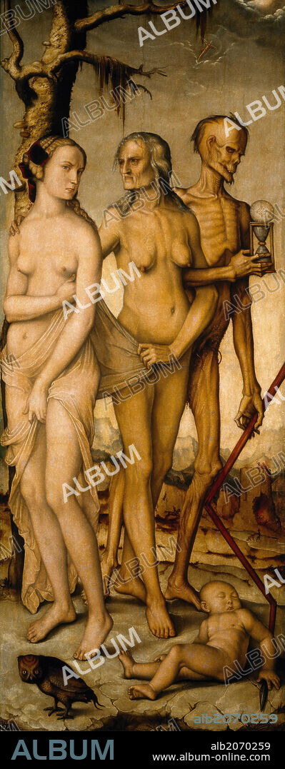 Hans Baldung Grien / 'Las Edades y la Muerte', 1541-1544, Escuela Alemana, Óleo sobre Tabla, 151 cm x 61 cm, P02220.