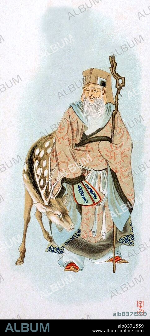 In Japan, Jurojin is one of the Seven Gods of Fortune - or Shichifukujin - and is based on the Taoist deity of the Old Man of the South Pole. Jurojin was considered the god of longevity, and is the personification of the Southern Polar Star, and may have been based on a historical figure from the Northern Song Dynasty.<br/><br/> . Jurojin is often depicted as an old man with a very tall, bald head and a long white beard, wielding a staff and a fan. Tied to his staff is a scroll, sometimes identified as a Buddhist sutra, with the lifespan of all living things written on it. He is sometimes accompanied by a deer, which is a symbol of longevity alongside other long-lived animals such as the crane and tortoise.<br/><br/>. While there are many paintings and statues of him, which are considered auspicious, he never developed a strong independent following like some of the other Seven Gods of Fortune.