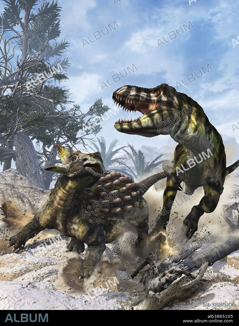 Ankylosaurus hits Tyrannosaurus rex with it's clubbed tail in self-defense.
