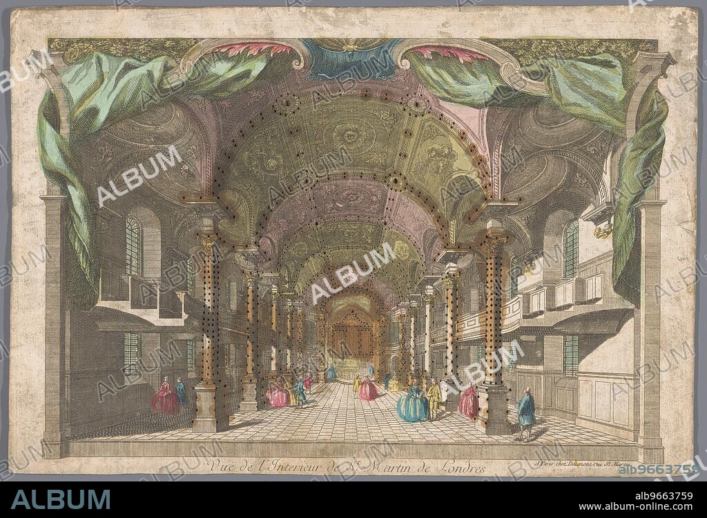 View of the interior of the Saint Martin-in-the-Fields church in London, 1745-1775.