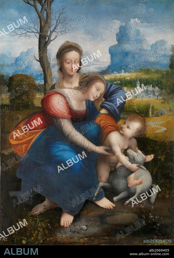 LEONARDO DA VINCI (copia). Anónimo (Copia Leonardo da Vinci) / 'Santa Ana, la Virgen y el Niño', Principio del siglo XVI, Escuela Italiana, Óleo sobre Tabla pasada a lienzo, 105 cm x 74 cm, P00349.
