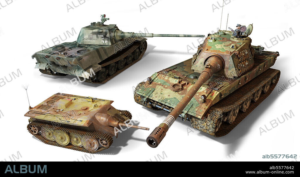 The E-series was a set of standardized designs to replace Panzers in service throughout the war. In this illustration we can see the small tank destroyer E10, the heavy tank E75 and the super-heavy tank E100.
