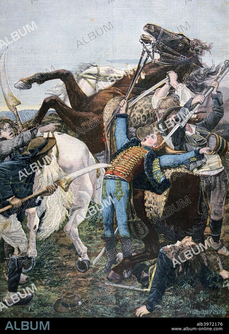 'The Death of Bara', 1894. Joseph Bara (1780-1793) was a young French republican soldier at the time of the Revolution who was hailed as a hero by Robespierre after he was killed fighting against the royalist insurrection in the Vendee aged just thirteen. A print from the Le Petit Journal, 24th September 1894.