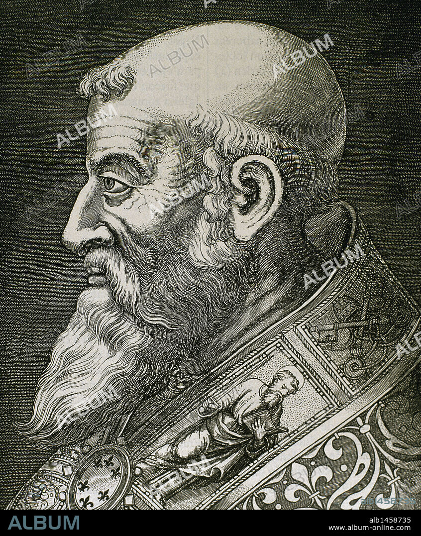 PAULO III (Canino,1468-Roma,1549). Papa italiano (1534-1549), de nombre ALESSANDRO FARNESE. Su pontificado se caracterizó por su neutralidad en las luchas políticas territoriales, en la iniciación de la reforma de la iglesia y en la convocatoria de un concilio. Grabado.