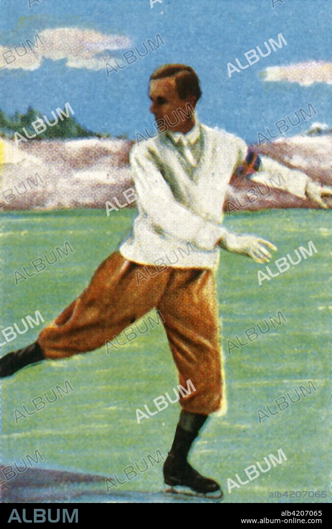 Swedish figure skater Gillis Grafström, 1928. Gillis Grafström (1893-1938) won gold medal in the Men's Figure Skating at the 1928 Winter Olympics, held at St Moritz in Switzerland. From "Die Welt in Bildern", (The World in Pictures), cigarette card album, c1928. [Georg A Jasmatzi, A.-G., Dresden, Germany].