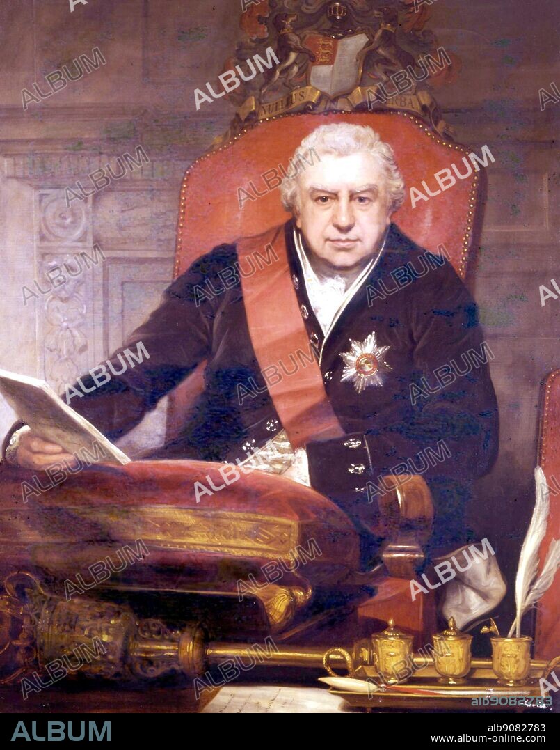 Sir Joseph Banks (1743-1820) 'the Juggernaut of British Science' as President of the Royal Society. Painted in 1810 by Sir Thomas Phillips (1770-1845), portrait painter, and a member of the Royal Academy. The African Adventure - A History of Africa's Explorers by Timothy Severin, page 105..  Sir Joseph Banks was born at Argyle Street, London, on 13 February 1743. Banks was made a Fellow of the Royal Society in 1766, and that year he travelled to Newfoundland to collect plants. During 1768-1771 he journeyed with Cook around the world in the 'Endeavour', making natural history collections, and in 1772 he visited Iceland. He was President of the Royal Society, 1778-1820, and was created baronet in 1781. Banks died on 19 June 1820 at Spring Grove, Isleworth. His collections and library passed to the British Museum after his death.