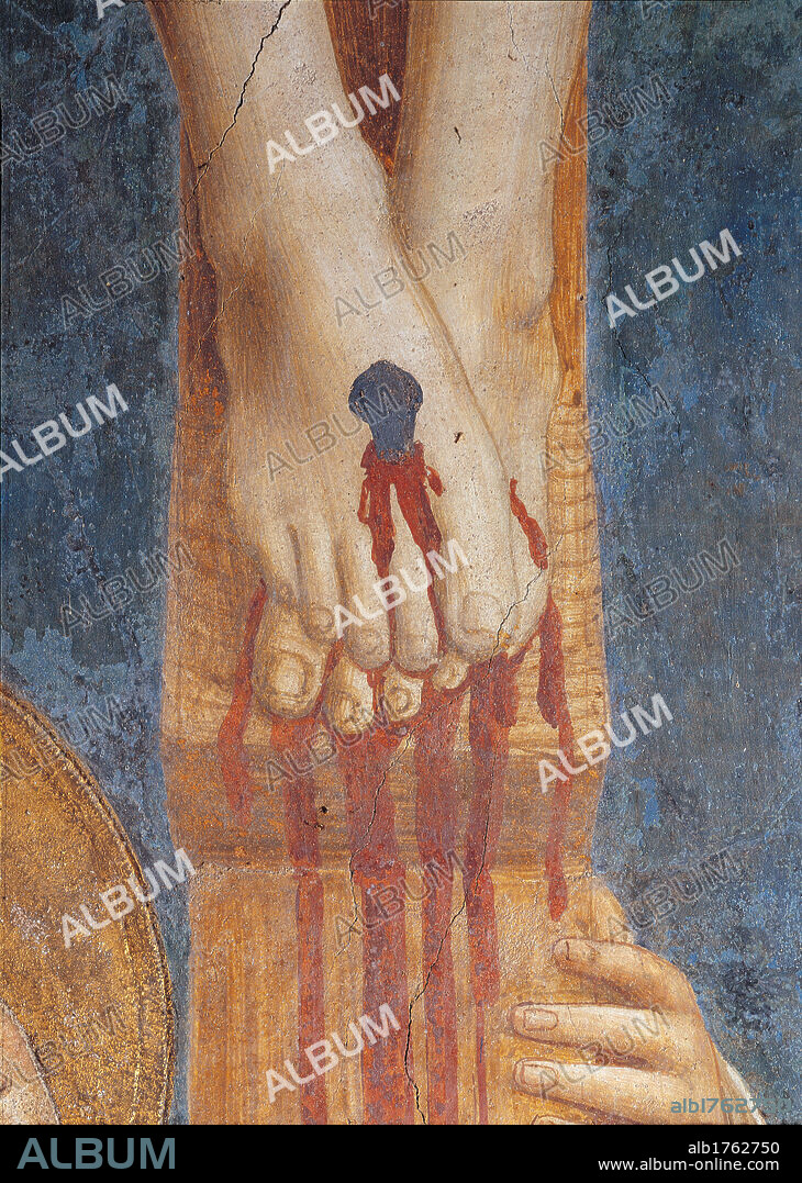 St Dominic at the feet of Jesus Crucified, by Guido di Pietro (Piero) known as Beato Angelico, 1438-1446 about, 15th Century, curved fresco with marble frame, cm 340 x 155. Italy, Tuscany, Florence, San Marco Convent, cloister. Detail. Feet nailed to the cross Christ nail blood wound passion. Authorization required for non editorial use.