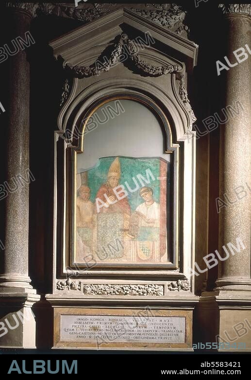 Bonifatius VIII., Papst (1294-1303), vorher: Benedetto Gaetani; Anagni um. 1235 - Rom 11.10.1303. "Papst Bonifatius VIII. verkündet das Jubeljahr 1300". Fresko, 1300, von Giotto di Bondone. (1266-1337). Fragment eines größeren, verlorengegangenen Werkes, 110 × 110 cm. Rom, San Giovanni in Laterano.