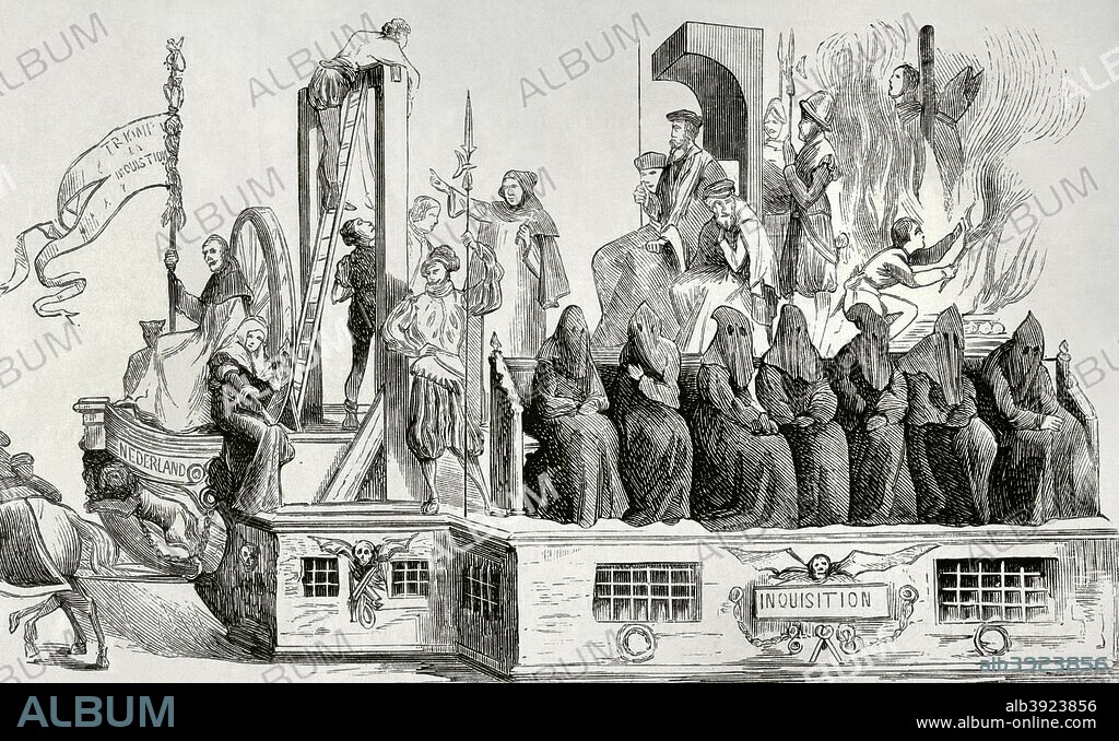 The Pacification of Ghent. Declaration signed on November 8, 1576, by which the northern and southern provinces of the Netherlands put aside their religous difference and united in revolt against Spanish Habsburgs. Commemorative procession of the third centenary of the Pacification of Ghent, celebrated in that city. Allegory of the Spanish Inquisition or Tribunal of the Holy Office. Engraving. La Ilustracion Espa–ola y Americana, September 30, 1876.