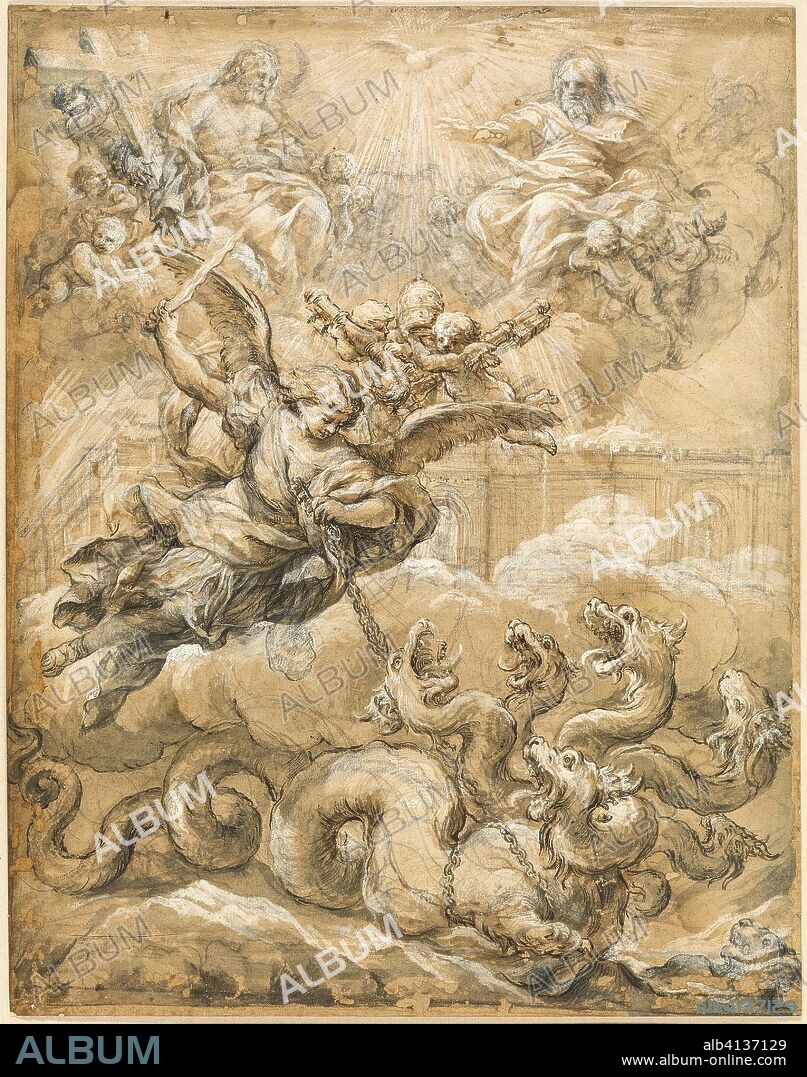 The Holy Trinity with Saint Michael Conquering the Dragon. Pietro da Cortona; Italian, 1596-1669. Date: 1656-1669. Dimensions: 458 x 357 mm. Pen and brown ink, with brush and brown and gray wash, heightened with lead white (discolored) and black chalk, on tan laid paper, laid down on tan laid card. Origin: Italy.