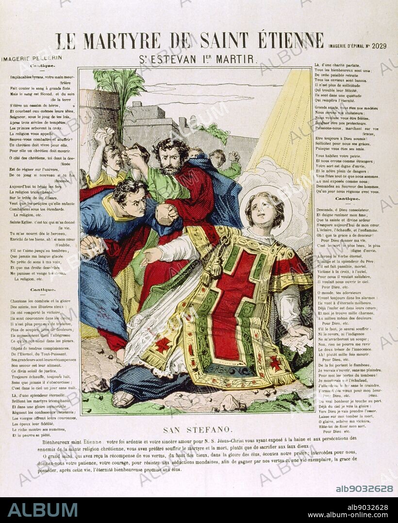 St Stephen - first Christian martyr. Found guilty of blasphemy by Sanhedrin and stoned to death. French coloured woodcut, 19th century.