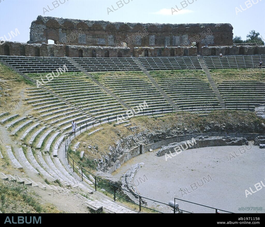 Greek theatre in Taormina, Sicily, Italy. Ancient Greek civilization, Magna Graecia, 3rd Century BC-1st Century AD.